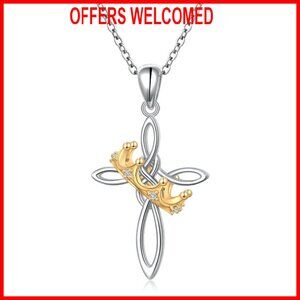 Sterling Silver Celtic Cross Necklace with Crown Pendant, Lobster Clasp